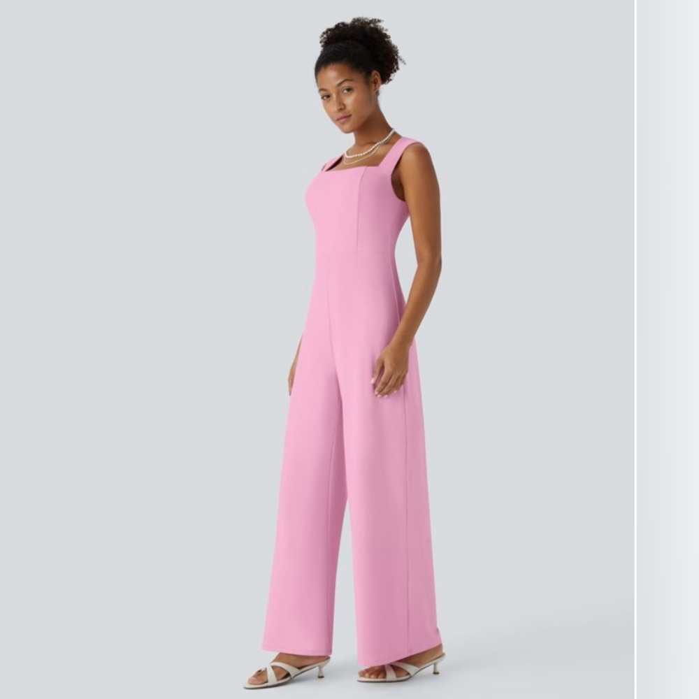 Halara Pink Square Neck Wide Leg Elegant Jumpsuit Women’s M NWT - Picture 2 of 8